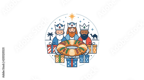 Foto Three Wise Men with King Cake and Gifts, Epiphany Celebration Illustration