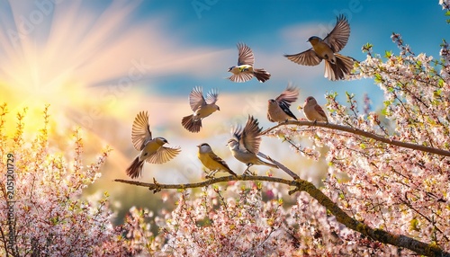 Flock Of Birds Are Singing Happily On The Branches Of A Tree With Spring Flower Blossoms And Sun Light Spring Season Background