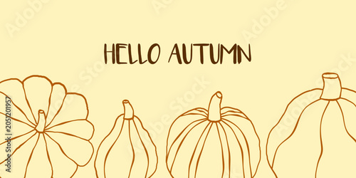 Cute horizontal banner with doodle outline pumpkins and text hello autumn on pastel background. Seasonal fall line art poster with ink effect. Template for web, social media, advertising.