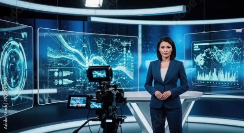 Professional news anchor presenting on futuristic digital studio set