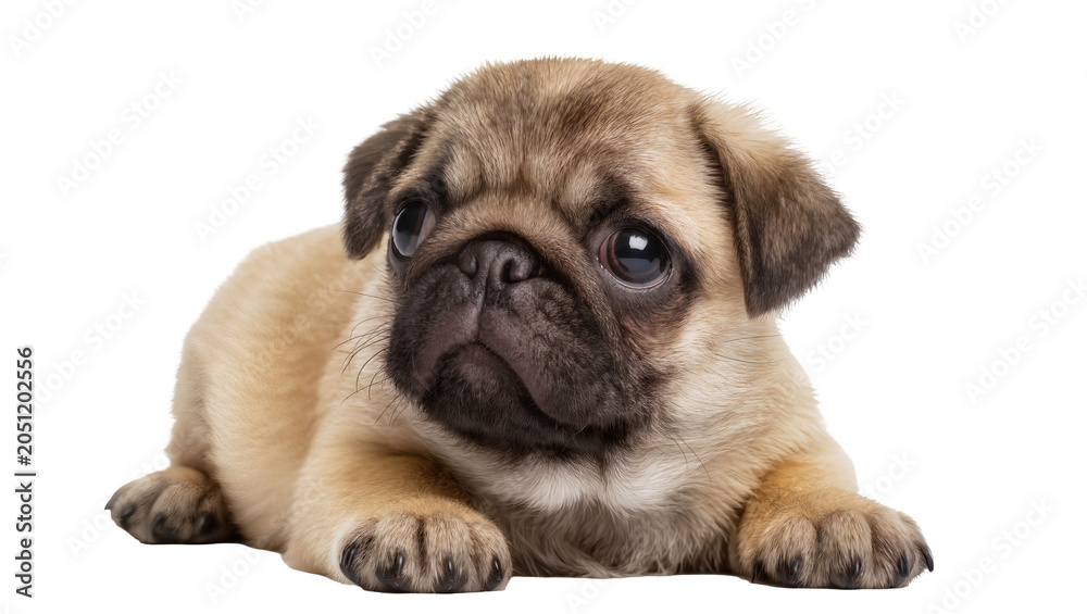 Fototapeta premium Cute fawn pug puppy lying down with big eyes