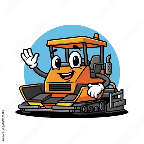 Friendly cartoon excavator construction vehicle character with waving hand and smiling face