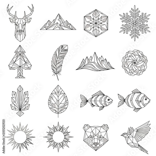 Geometric nature icons set featuring mountains trees and animals for web design
