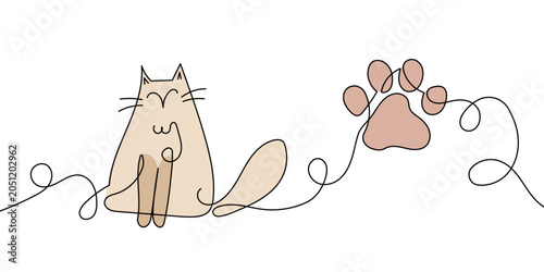 Continuous Line Cat and Paw Print Illustration Minimalist Pet Design