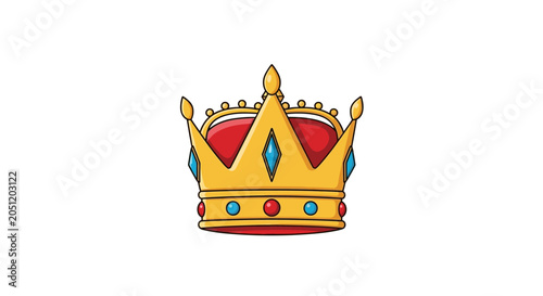 Golden royal crown with red jewels and blue gems cartoon illustration