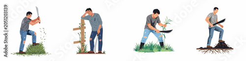 Set of four illustrations showing a man using a machete for hard agricultural labor, clearing grass and roots while exhibiting physical exhaustion.