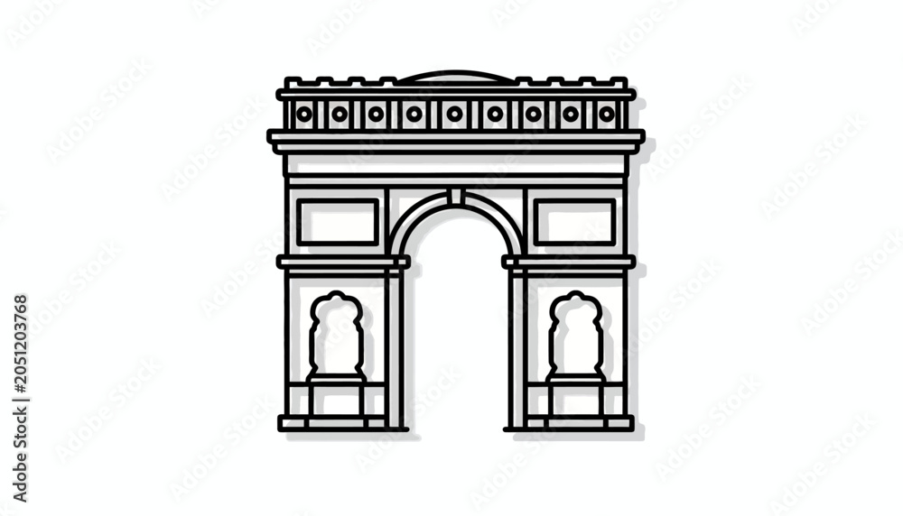 Obraz premium Arc de Triomphe, Paris landmark, black and white illustration, cityscape element, background