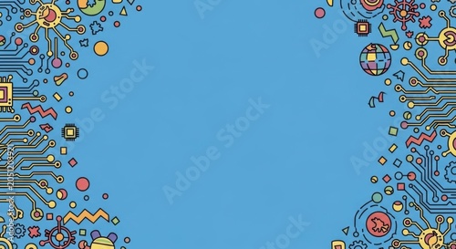 Blue digital landscape background with colorful icons and circuit path patterns for web.