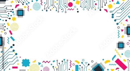 Abstract technology border frame design with digital electronic circuits and geometric art.