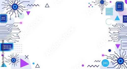 Digital technology background with binary code circuit boards and electronic diagrams.