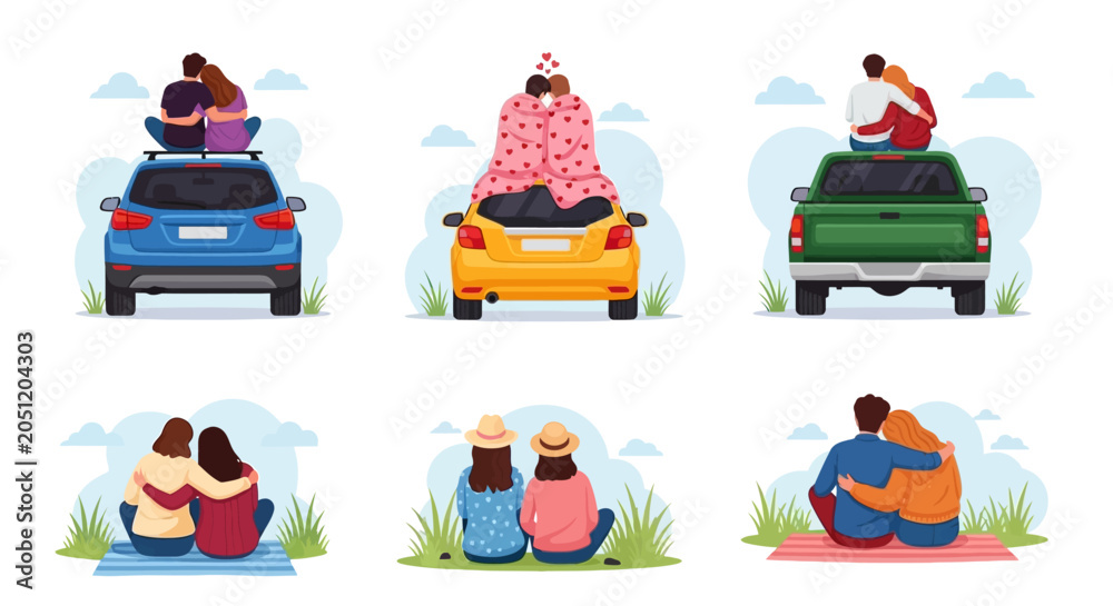 Fototapeta premium People sitting on cars and in grass, relaxed outdoor scenes, illustrations for travel and leisure