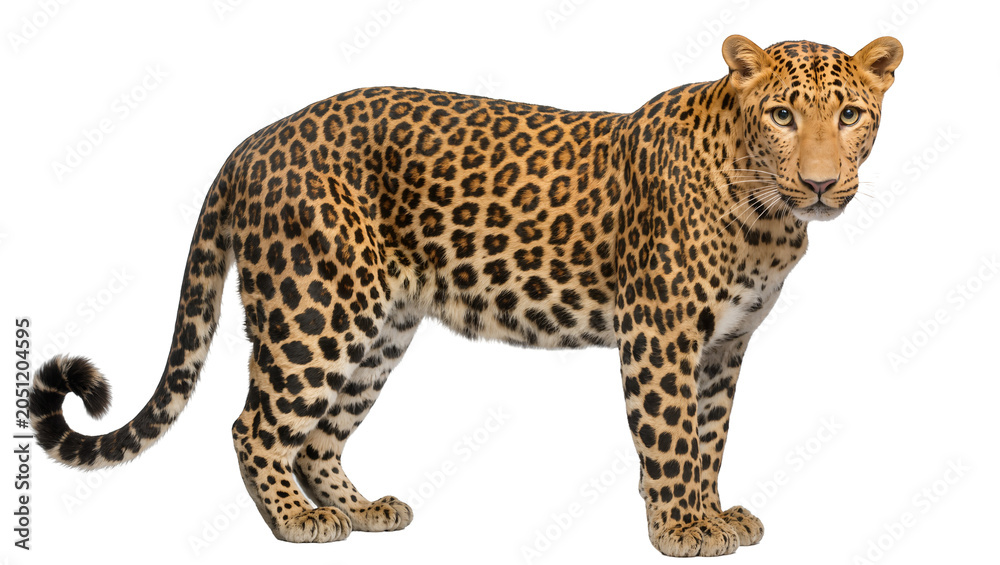 Naklejka premium Leopard standing profile view with spotted fur
