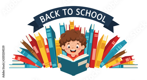 Enthusiastic cartoon boy reading a blue book in front of a massive arch of colorful textbooks with a back to school banner overhead.