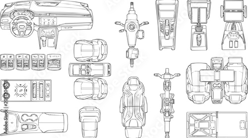 Comprehensive collection of car interior components and automotive parts including a dashboard, seat, steering wheel, and central console in line