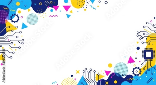 Modern blue and yellow tech frame featuring abstract organic blobs and circuit board lines.