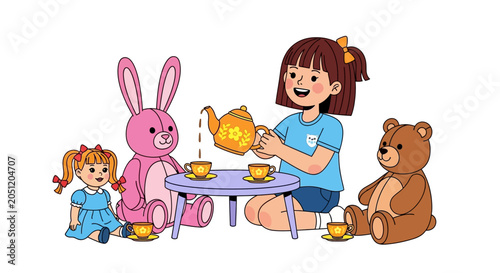 Bilde på lerret Children having tea party with teddy bear and bunny, kids playtime concept, cart