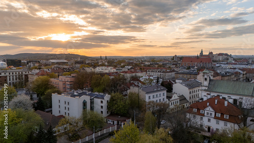 Aerial view of Krakow at sunset in Poland in spring