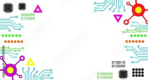 Digital technology background with binary code circuit paths and colorful network nodes.