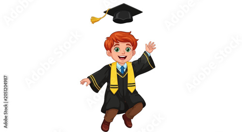 Tableau sur toile Happy redhead boy in graduation gown jumping, academic achievement concept, cele