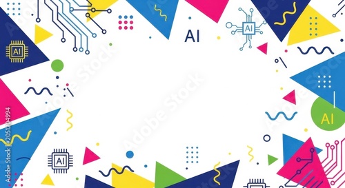 Geometric background with AI chips, circuit lines and abstract shapes.