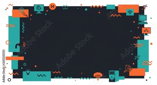 Dark background with orange and teal rectangular blocks and computer technology flat icons.