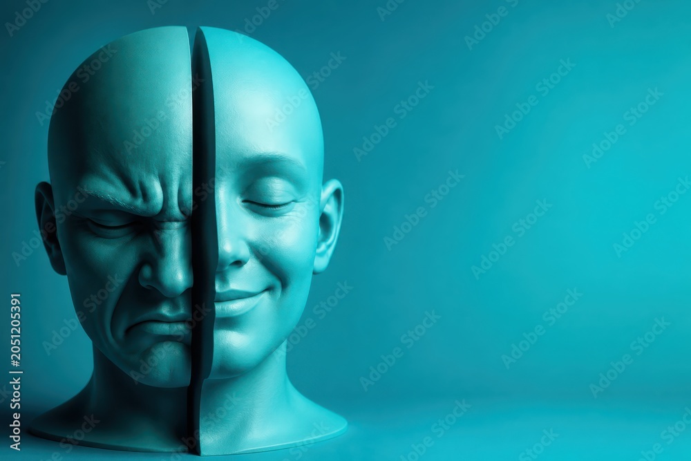 Obraz premium Split face concept of dual emotions angry and calm 3D render portrait