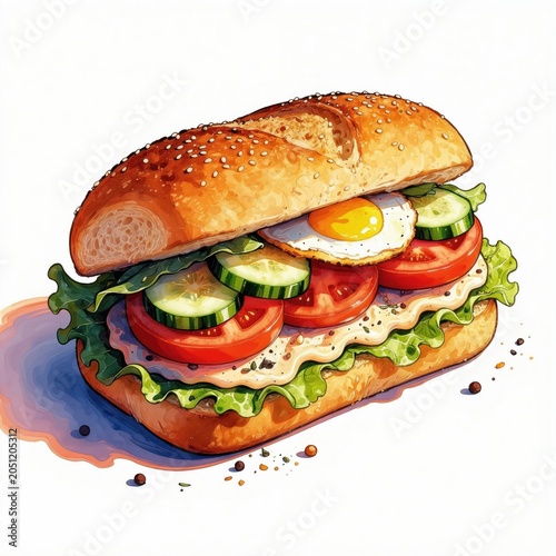Big sandwich on white background with sesame seeds bread lettuce tomato cucumber fried egg. Fresh ingredients stacked high for a healthy breakfast or lunch meal.
