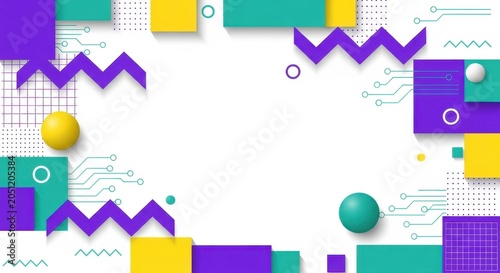 Abstract geometric shapes and 3D spheres with digital circuit patterns.
