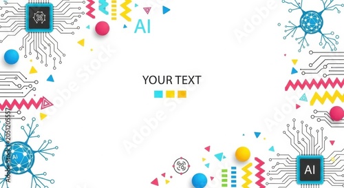 Artificial intelligence concept background with neural network nodes and electronic chips.