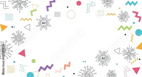Artificial intelligence concept background with ai chip icons and scattered memphis shapes.