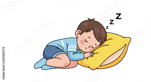 Cute young boy sleeping soundly on his side with his head on a large yellow pillow with zzz symbols floating above him.