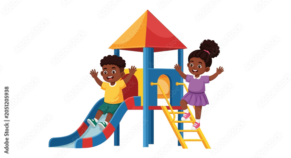 Fototapeta premium African american kids playing on colorful playground, fun childhood concept, kids activities background