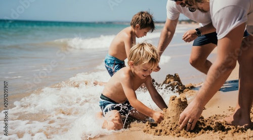 Father and sons build sandcastle near ocean waves. Boys play on sandy beach shore with dad creating castle. Water splashes on happy kids enjoying summer vacation.