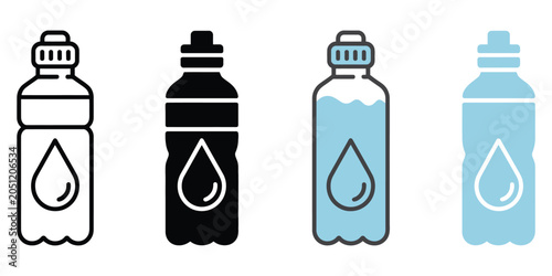 Water bottle icon set, hydration app interface symbols, drinking water container icons, beverage packaging graphics, clean vector design.