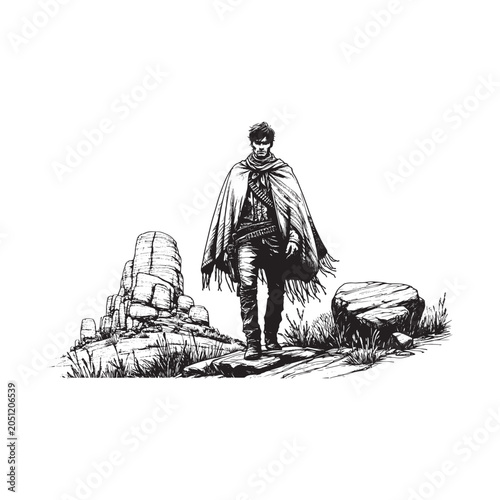 A man in a cape standing on a rocky outcrop isolated on white background
