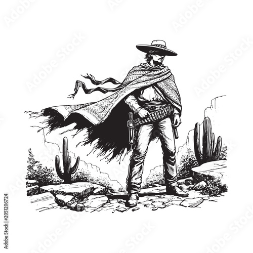 A cowboy wearing a poncho and a hat standing in the desert with cacti