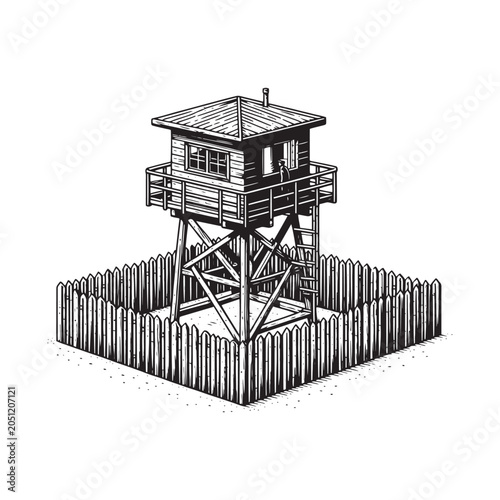 A black and white illustration of a watchtower on stilts with a fence