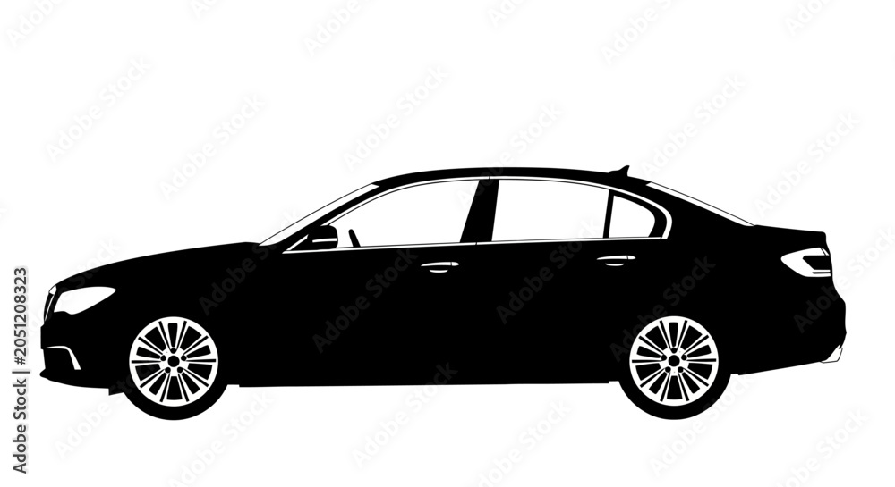 Naklejka premium Black car silhouette, modern sedan, vehicle illustration, transportation background