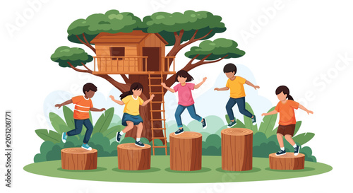 Group of diverse children jumping and balancing on wooden log stumps in front of a cozy treehouse in the lush green woods.