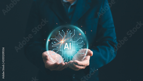 Businessman cupping hands holding global AI network sphere. Concept of artificial intelligence technology, big data connection, cloud computing and future digital transformation in business.