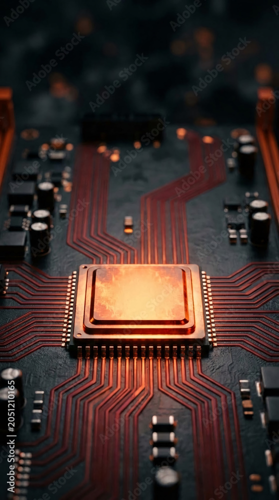 Fototapeta premium Close-up of a computer processor and circuit board with glowing red lines, representing technology, data, and complex systems.