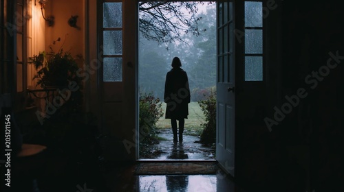 Silhouette of a woman standing in an open doorway looking at a rainy garden during a gloomy evening