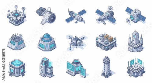 Foto Collection of futuristic isometric science fiction buildings and technology icons