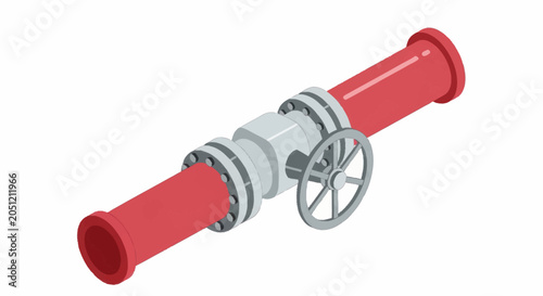 Obraz na plátne Red industrial pipe with valve and flanges isometric view.