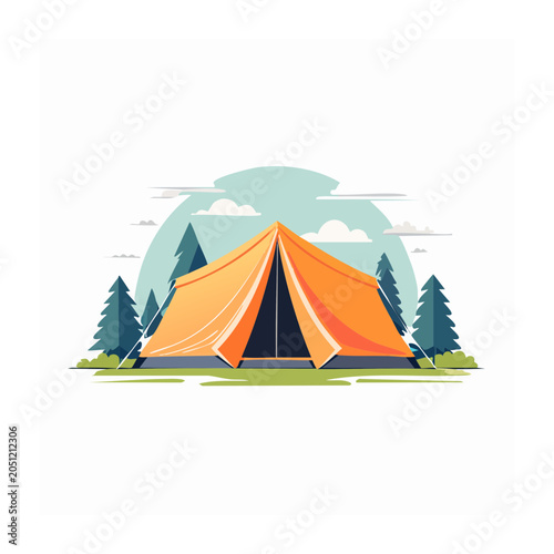 Orange camping tent in a forest setting with trees and clouds
