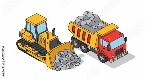 Tableau sur toile Yellow bulldozer and red dump truck with rocks.