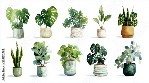 水彩画風のタッチで描かれた様々な観葉植物・鉢植えのイラストセット