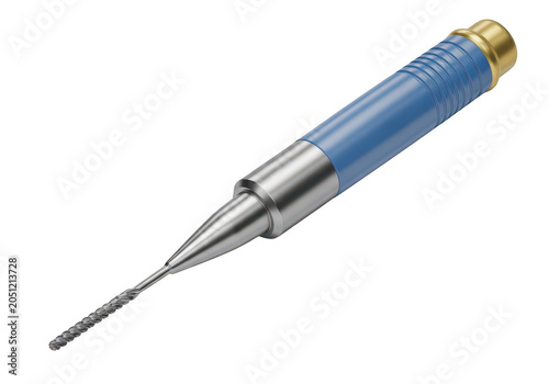 Dental surgical drill bit with blue handle isolated on white background