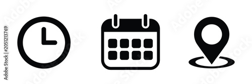 Time date and location icon set, clock calendar pin vector illustration, scheduling and appointment symbols