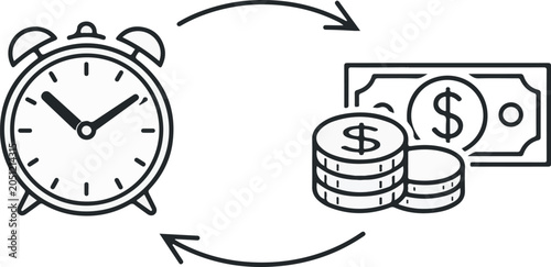 Time Is Money Concept Editable Stroke Vector Illustration with Clock and Currency Symbols, Financial Efficiency and Productivity Design